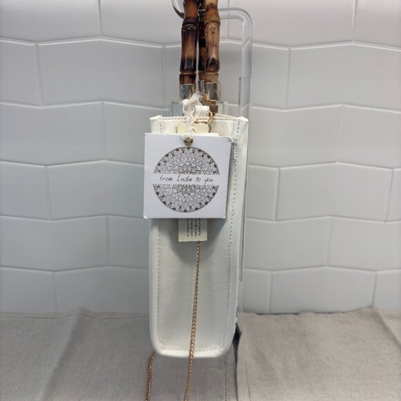 Viral Beaded Satchel bag w/ Bamboo Handles - Made in India - Blue and White - Picture 4 of 12